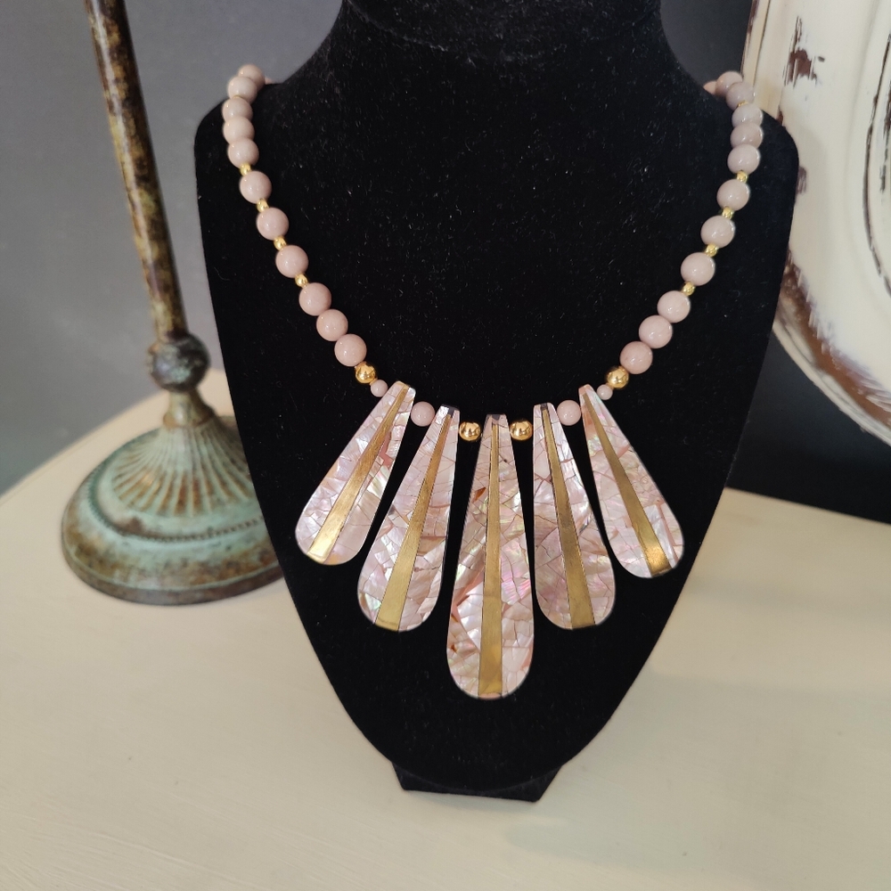 Vintage 80s 90s Karla Jordan Inlay Mother-of-Pearl Beaded Necklace